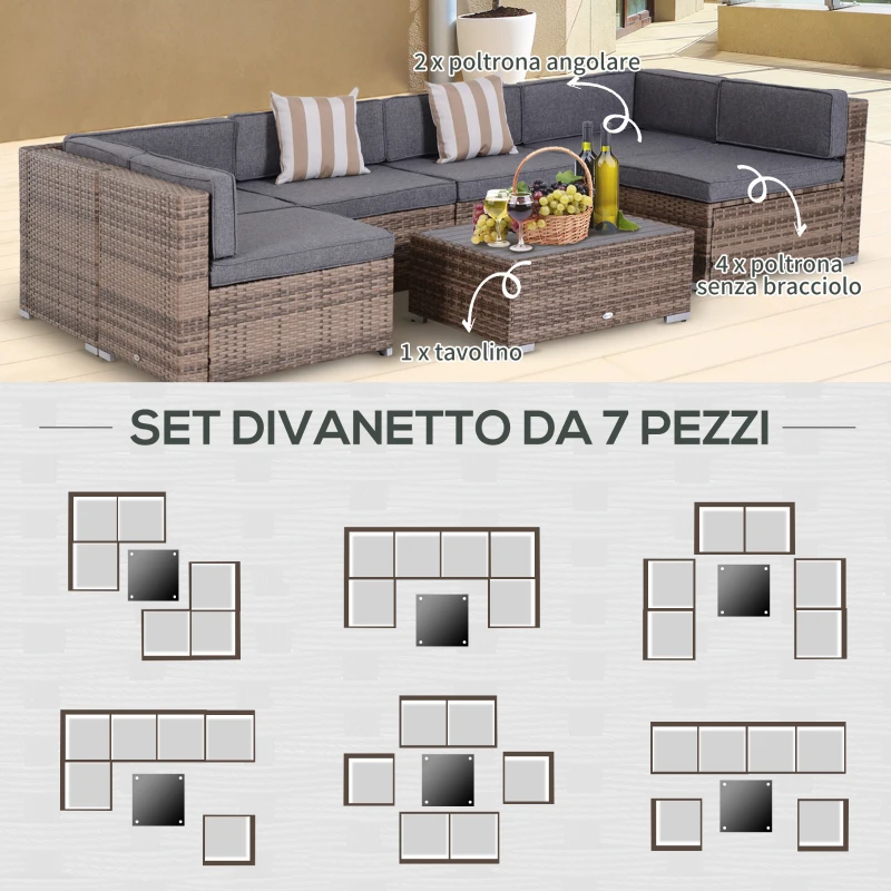 Outsunny Salotto da Giardino in Rattan da 7 Pezzi con Tavolino e Divano Modulabile con Cuscini, Grigio