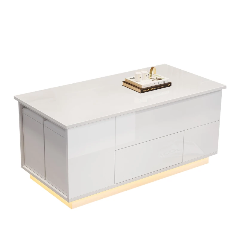Lift-Top Coffee Table with App-Controlled LED and Soft-Close Drawers, Sleek White Center Table with 2 Storage Ottomans, 100L x 50W x 45H cm, White