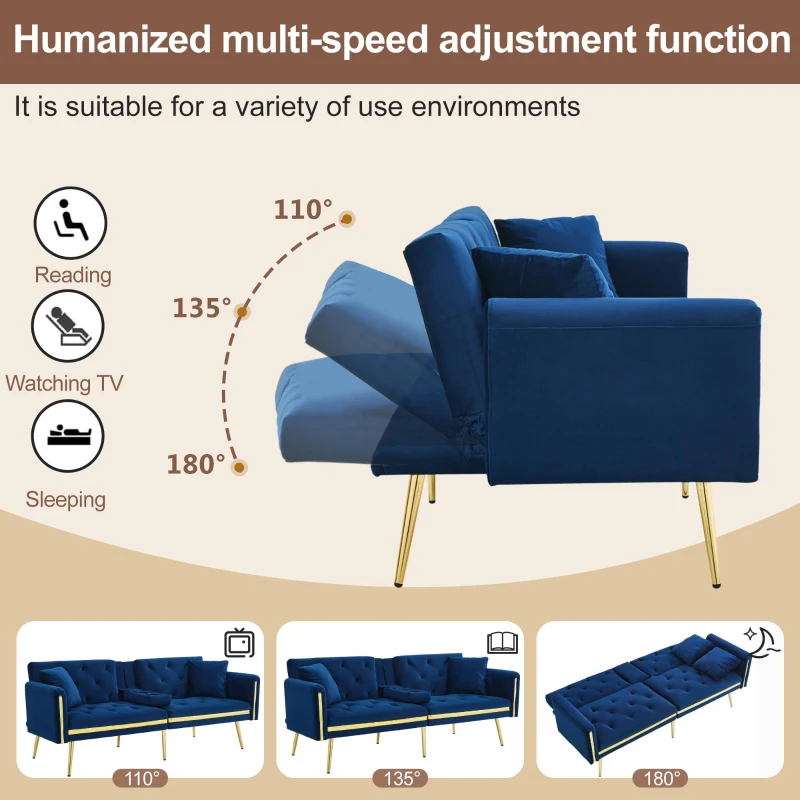 Two-Seater Convertible Sofa Bed with 3-Level Adjustable Backrest, Space-Saving Sleeper Sofa with High-Density Foam, 174L x 76W x 71.5H cm, Blue