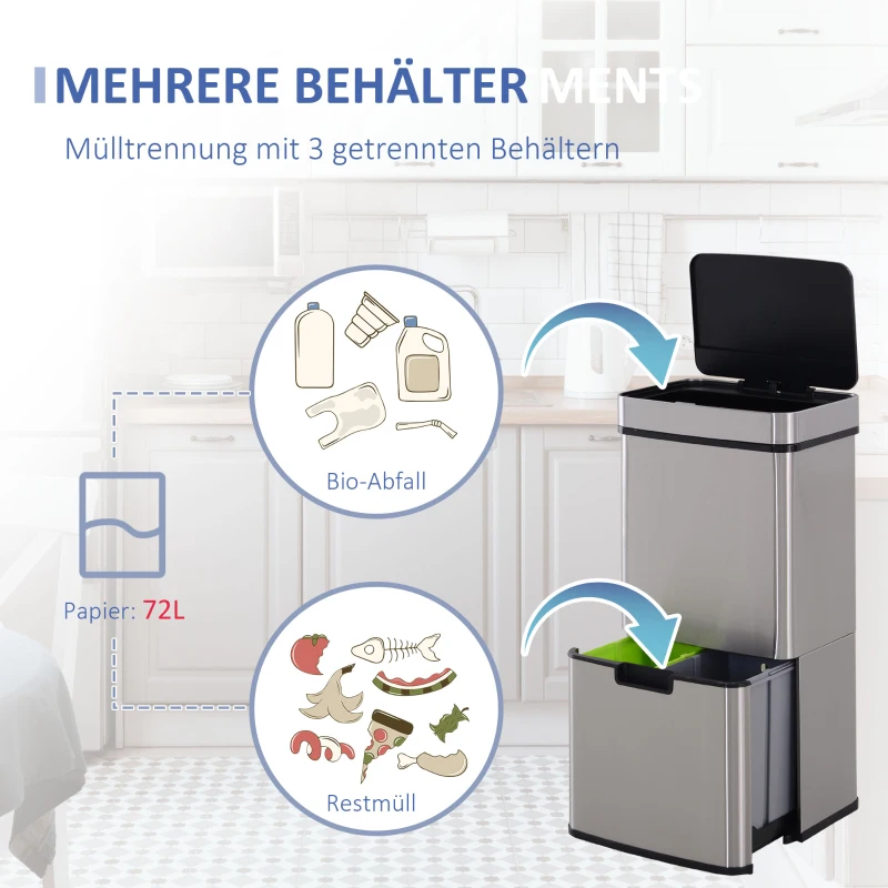 HOMCOM Afvalbak afvalscheidingssysteem prullenbak met sensor 72 L 3 vakken rvs zilver