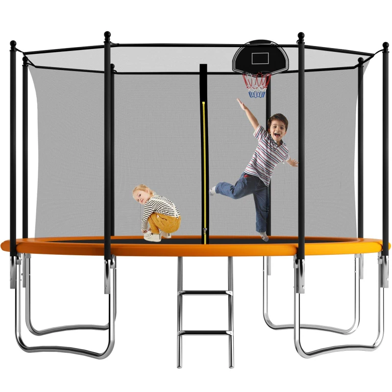 Outdoor Trampoline with Basketball Hoop and Safety Net, Heavy Duty Rebounder with Weatherproof Steel Frame, 366L x 366W x 76H cm, Orange