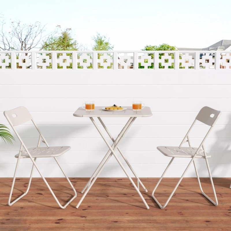 Conjunto bistrô dobrável de 3 peças em aço, com 2 cadeiras + 1 mesa, Bege