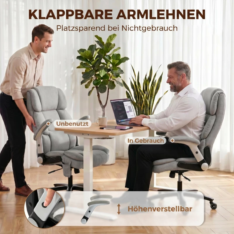 HOMCOM Bureaustoel met airbag-lendensteun, opklapbare armleuningen, pocketveren, lichtgrijs