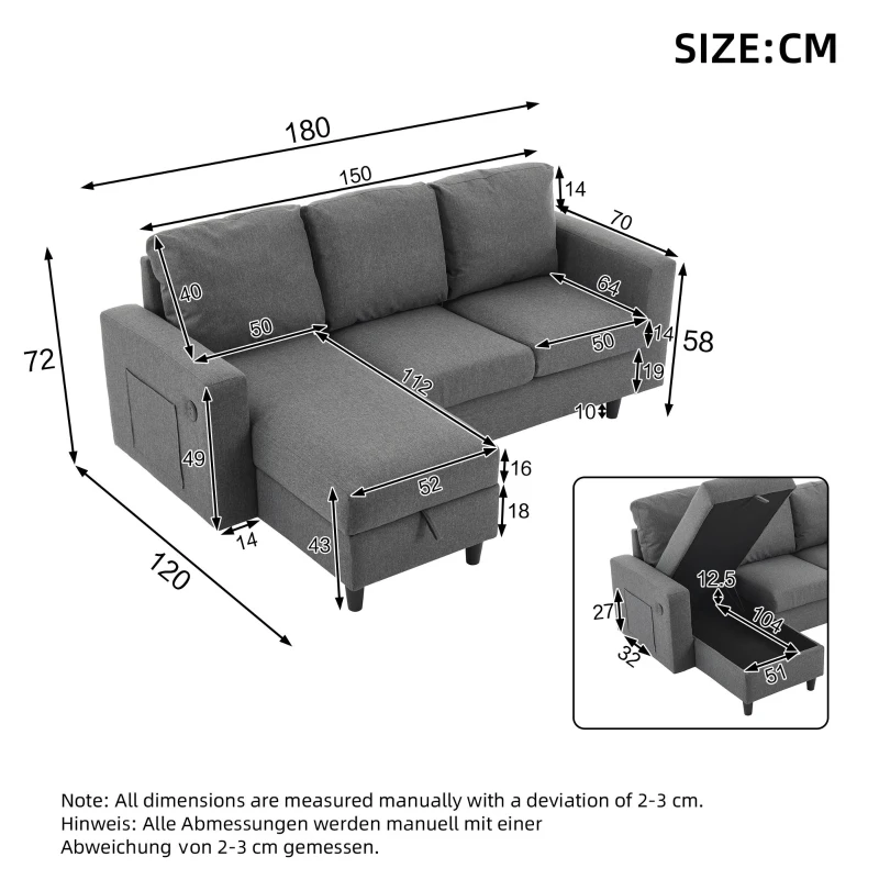 L-Shaped Corner Sofa with Hidden Storage and Side Pockets, Reversible Sectional Couch with Sturdy Wooden Frame, 180L x 120W x 72H cm, Gray