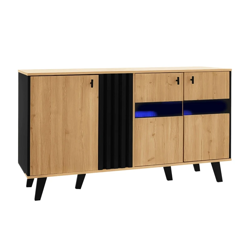 On-Trend Sideboard with Colour-Coordinated Design, Stylish Storage Cabinet with Glass-Front Door, 140L x 41W x 78.5H cm, Black+Wood