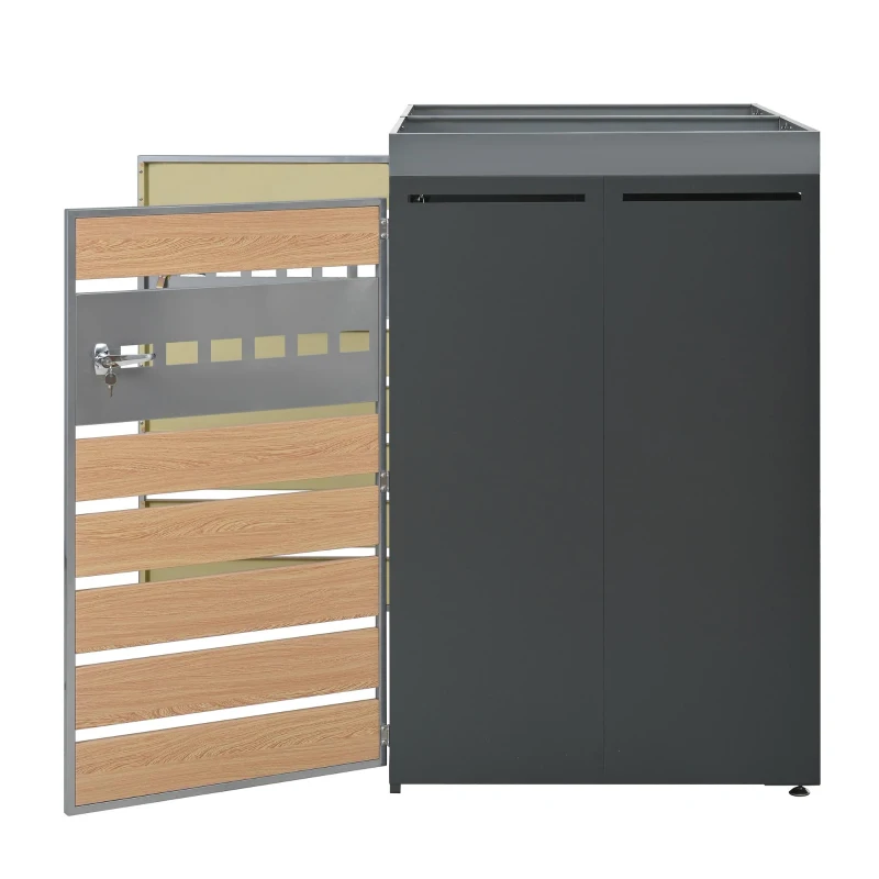 Lockable Outdoor Bin Storage Cabinet with Integrated Planter, Double Bin Storage Shed with Galvanised Steel Frame, 132L x 80W x 124.5H cm, Grey+Wood