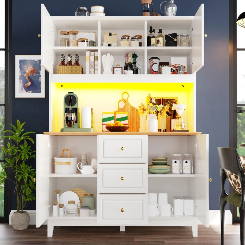 Smart Pantry Cabinet with App-Controlled LED Lights and Solid Pine Legs, Modern Kitchen Pantry with Spacious 3-Drawer Storage, 120L x 40W x 180H cm, White
