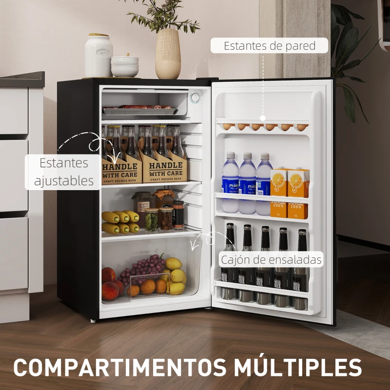 HOMCOM Nevera Pequeña con Congelador 91L Silenciosa Puerta Reversible Temperatura Regulable y Estantes Ajustables Negro