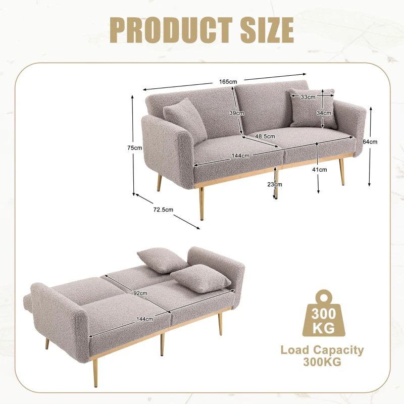 Modern 2-Seater Sofa with 3-Position Adjustable Backrest, Convertible Loveseat with Thick Padded Cushions, 165L x 72.5W x 75H cm, Grey Teddy