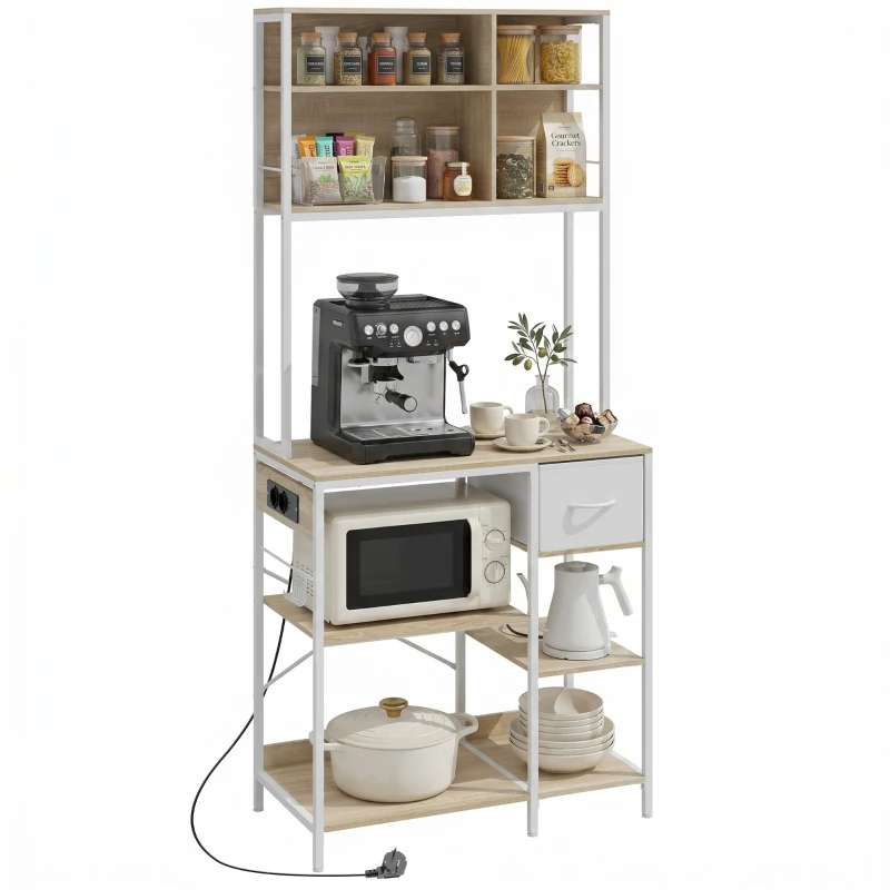 HOMCOM Etajeră de Bucătărie Suport pentru Cuptor cu Microunde cu Rafturi și 6 Cârlige pentru Spații Reduse 80x40x181 cm Stejar