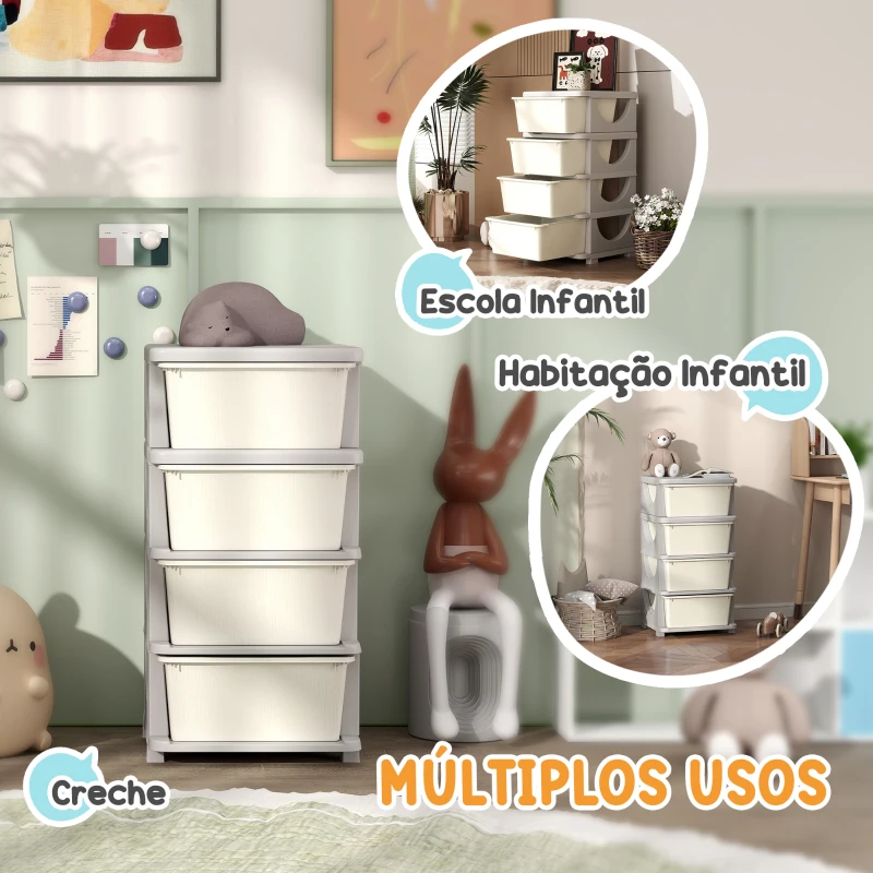HOMCOM Organizador de Brinquedos com 4 Gavetas Torre de Arrumação para Crianças +3 Anos Cantos Arredondados e Pegas 37x37x76 cm Creme