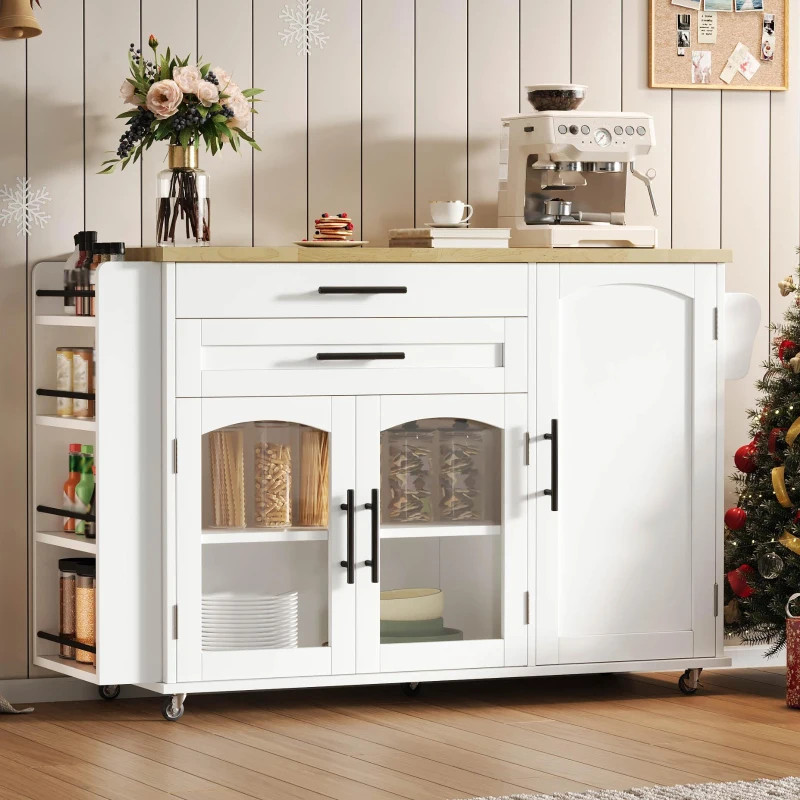 Mobile Kitchen Island Trolley with Lockable 360° Wheels, Glass-Door Storage Cabinet with Adjustable Shelves, 138L x 70W x 90H cm, White