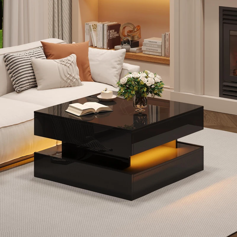 Lift-Up Coffee Table with App-Controlled LED Light Strip and Hidden Storage, Stylish Center Table with 2 Drawers, 65L x 65W x 38.5H cm, Black