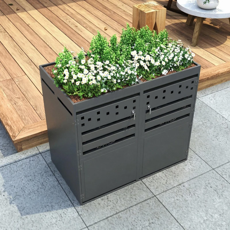 Double Wheelie Bin Storage Box with Planting Top and Tipping Chains, Galvanised Steel Lockable Bin Store with Ventilation Slots, 132L x 80W x 125H cm, Grey