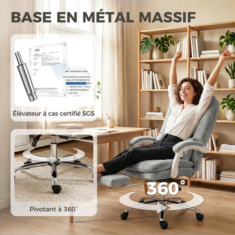 HOMCOM Chaise bureau ergonomique, fauteuil de bureau inclinable en velours avec support lombaire, hauteur réglable, gris clair
