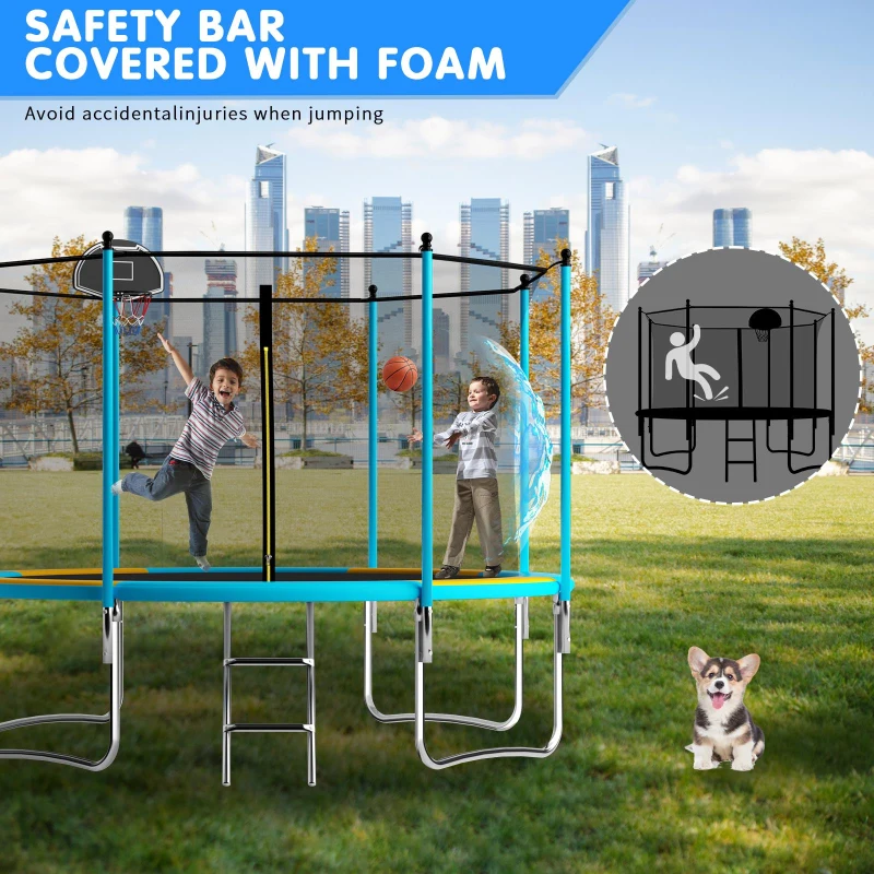 Outdoor Trampoline with Basketball Hoop and Safety Net, Heavy Duty Rebounder with Weatherproof Steel Frame, 366L x 366W x 76H cm, Blue+Orange