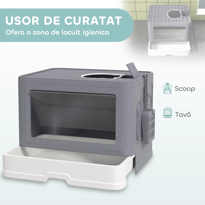 PawHut Litieră pentru Pisici Închisă cu Capac și Dublă Intrare, Sertar Glisant, Lopățică și Perie, Gri