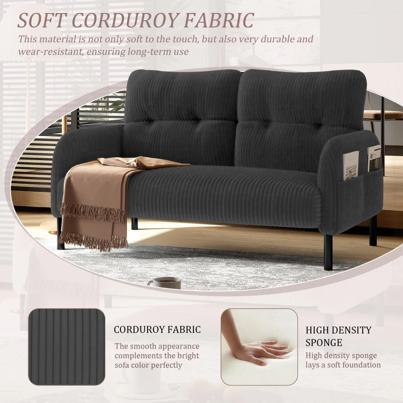 Modern Two-Seater Corduroy Sofa with High-Rebound Springs, Comfortable Loveseat with Side Storage Pockets, 120L x 65W x 79H cm, Gray