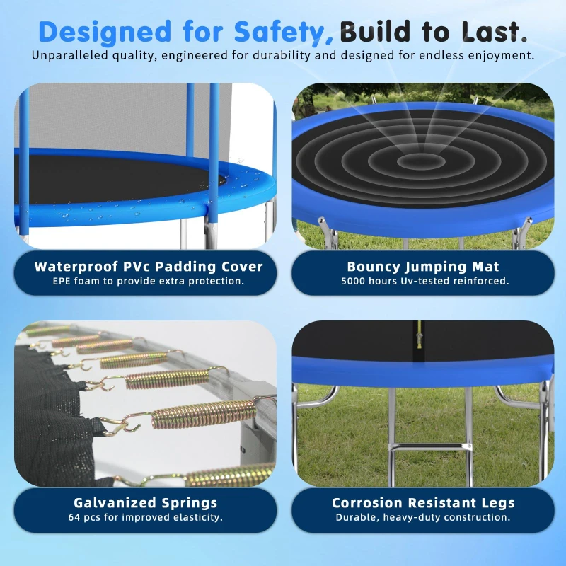 Outdoor Trampoline with Basketball Hoop and Safety Net, Heavy Duty Rebounder with Weatherproof Steel Frame, 366L x 366W x 76H cm, Blue