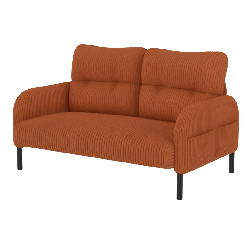 Modern Two-Seater Corduroy Sofa with High-Rebound Springs, Comfortable Loveseat with Side Storage Pockets, 120L x 65W x 79H cm, Orange