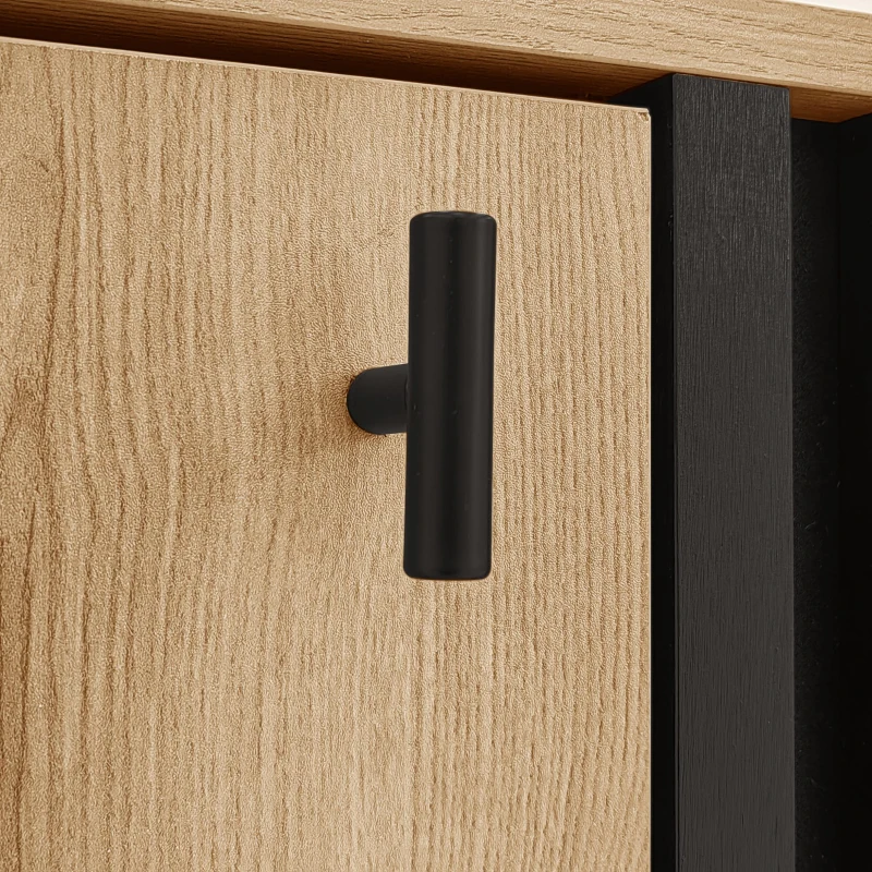 On-Trend Sideboard with Colour-Coordinated Design, Stylish Storage Cabinet with Glass-Front Door, 140L x 41W x 78.5H cm, Black+Wood
