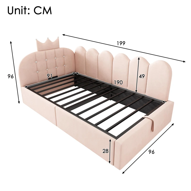 Upholstered Daybed with Hydraulic Storage and Crown Headboard, Space-Saving Guest Bed with Padded Velvet Upholstery, 199L x 96W x 96H cm, Pink