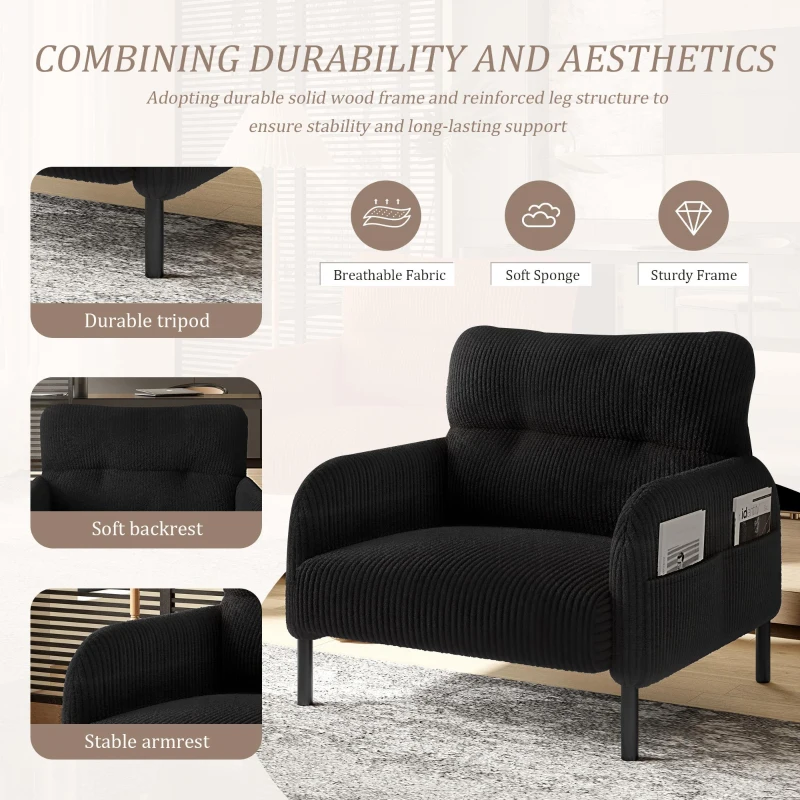 Corduroy Single-Seater Armchair with High-Density Foam Cushion, Ergonomic Wide Seat with Double Side Storage Pockets, 67L x 75W x 79H cm, Black