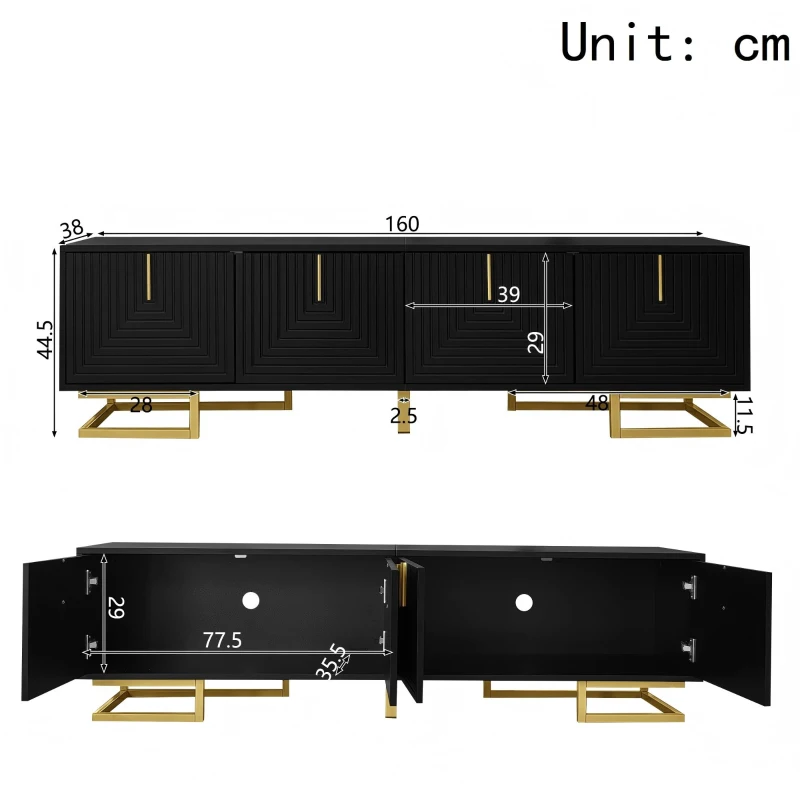 TV Cabinet with Textured Doors Metallic Handles and Sturdy Metal Legs, Elegant TV Stand with Integrated Shelves, 160L x 38W x 44.5H cm, Black