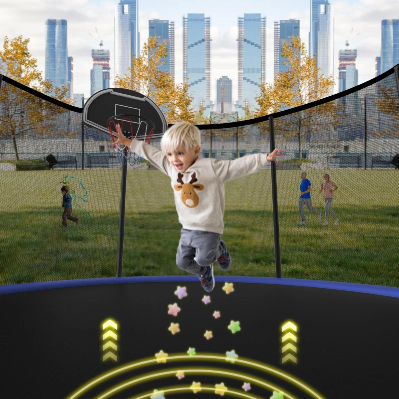 Outdoor Trampoline with Basketball Hoop and Safety Net, Heavy Duty Rebounder with Weatherproof Steel Frame, 366L x 366W x 76H cm, Blue