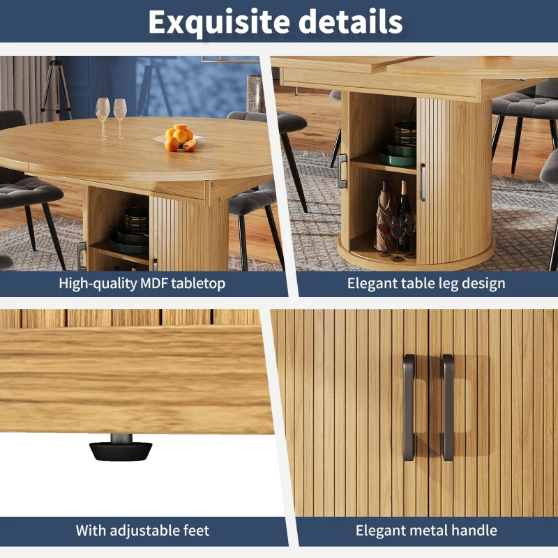 Extendable Round Dining Table with Hidden Leaf Storage, Extension Kitchen Table with Realistic Wood-Grain Finish, 118L x 118W x 76H cm, Natural