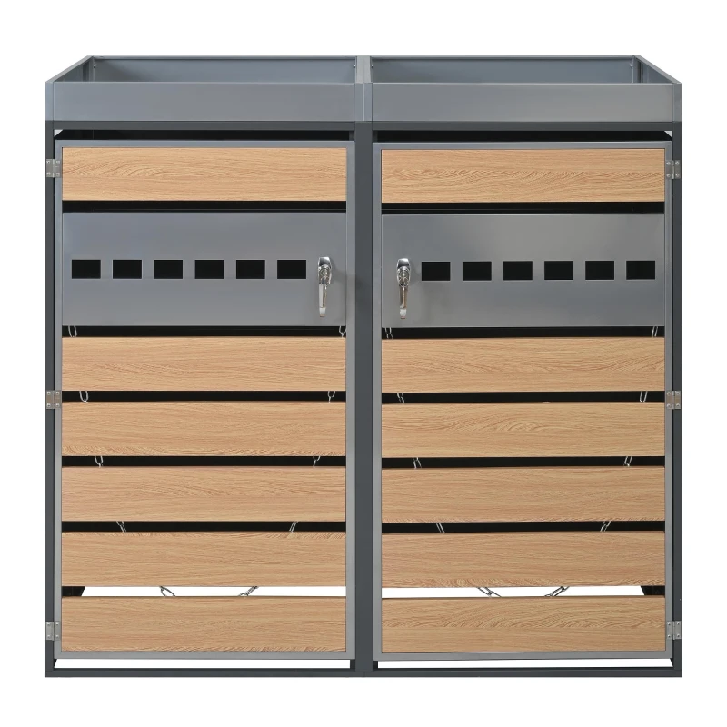 Lockable Outdoor Bin Storage Cabinet with Integrated Planter, Double Bin Storage Shed with Galvanised Steel Frame, 132L x 80W x 124.5H cm, Grey+Wood