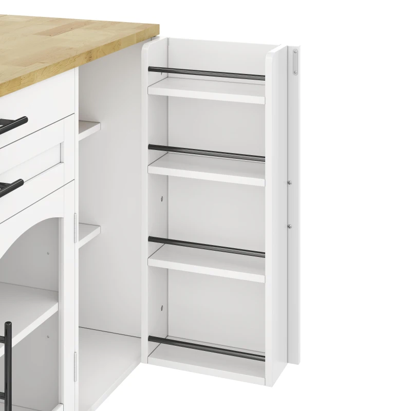 Mobile Kitchen Island Trolley with Lockable 360° Wheels, Glass-Door Storage Cabinet with Adjustable Shelves, 138L x 70W x 90H cm, White