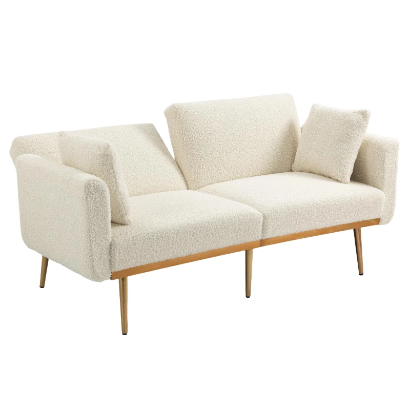 Modern 2-Seater Sofa with 3-Position Adjustable Backrest, Convertible Loveseat with Thick Padded Cushions, 165L x 72.5W x 75H cm, White Teddy