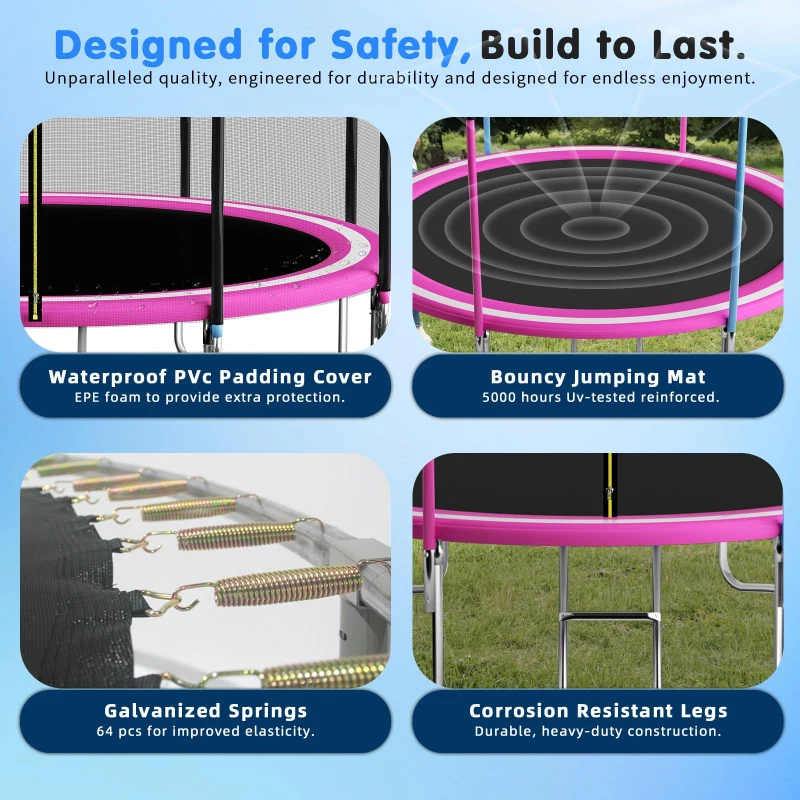 Outdoor Trampoline with Basketball Hoop and Safety Net, Heavy Duty Rebounder with Weatherproof Steel Frame, 366L x 366W x 76H cm, Pink