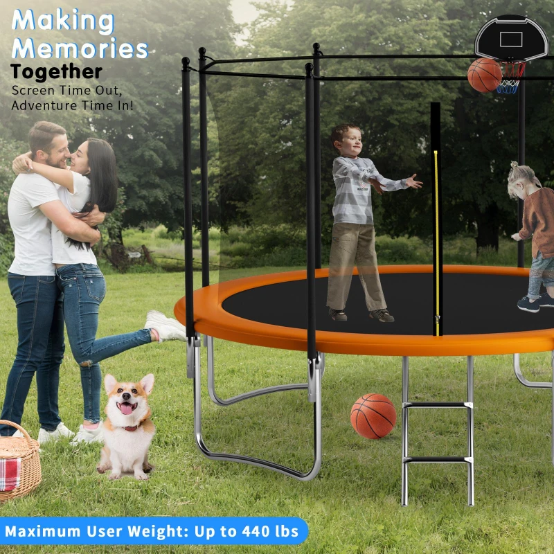 Outdoor Trampoline with Basketball Hoop and Safety Net, Heavy Duty Rebounder with Weatherproof Steel Frame, 366L x 366W x 76H cm, Orange