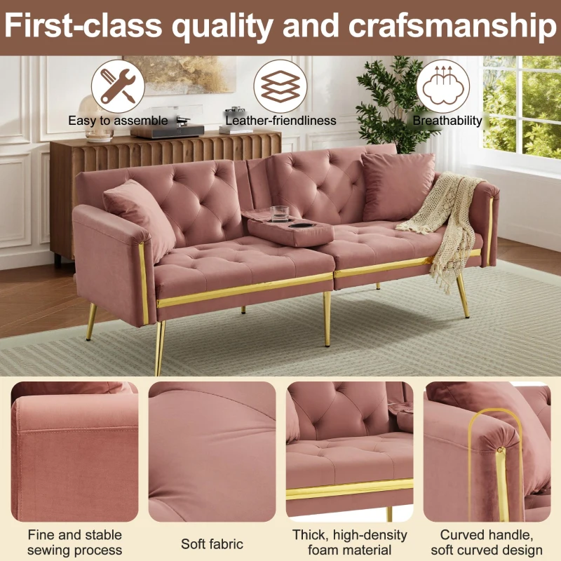 Two-Seater Convertible Sofa Bed with 3-Level Adjustable Backrest, Space-Saving Sleeper Sofa with High-Density Foam, 174L x 76W x 71.5H cm, Pink