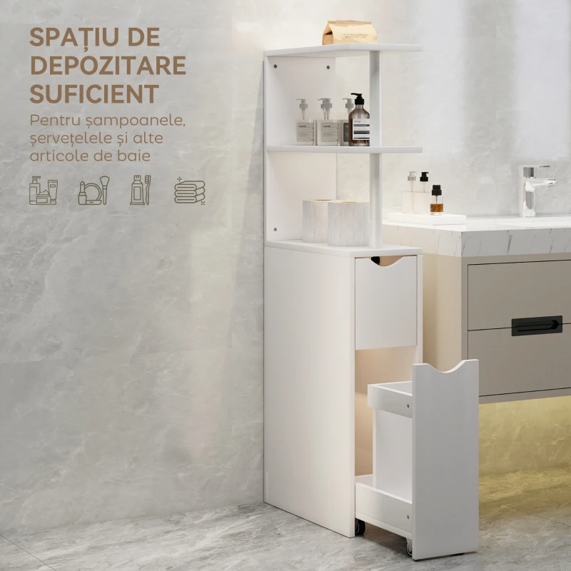 HOMCOM Dulap de Baie Slim cu Sertare și Rafturi, Dulap Economisitor de Spațiu cu Sertar pe Roți, Coloană de Baie pentru Sufragerie sau Living, 20x45x115 cm, Alb