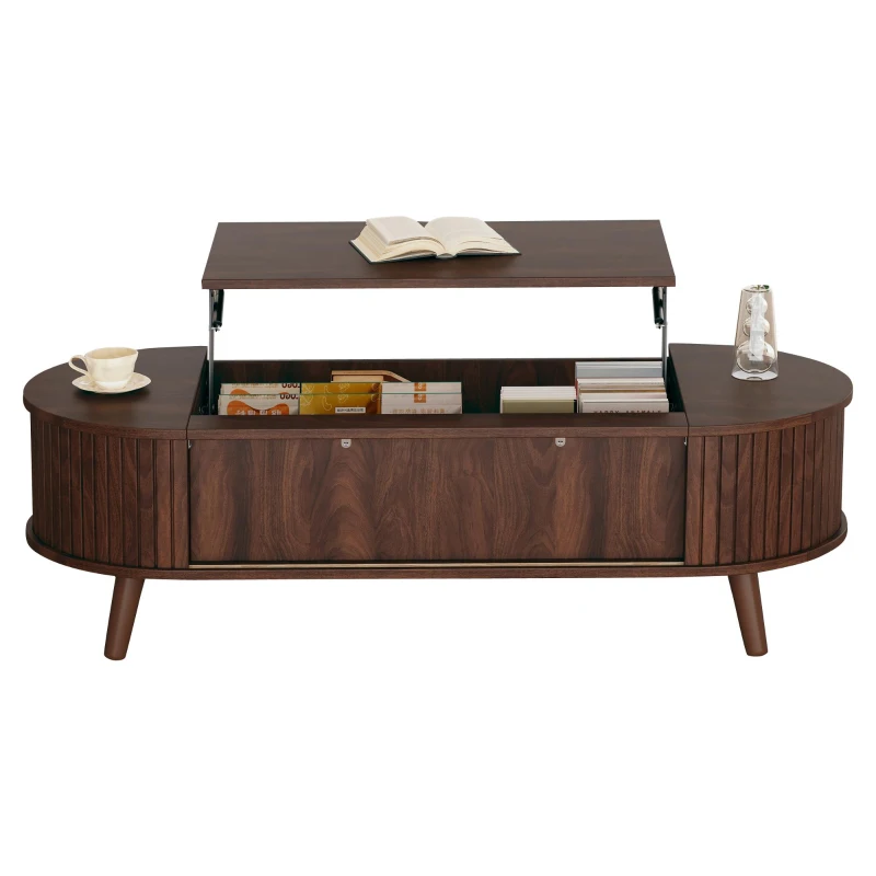 Lift-Up Oval Coffee Table with Hidden Storage and Roller-Shutter Doors, Space-Saving Centre Table with Solid Wood Legs, 120L x 50W x 39.5H cm, Wood