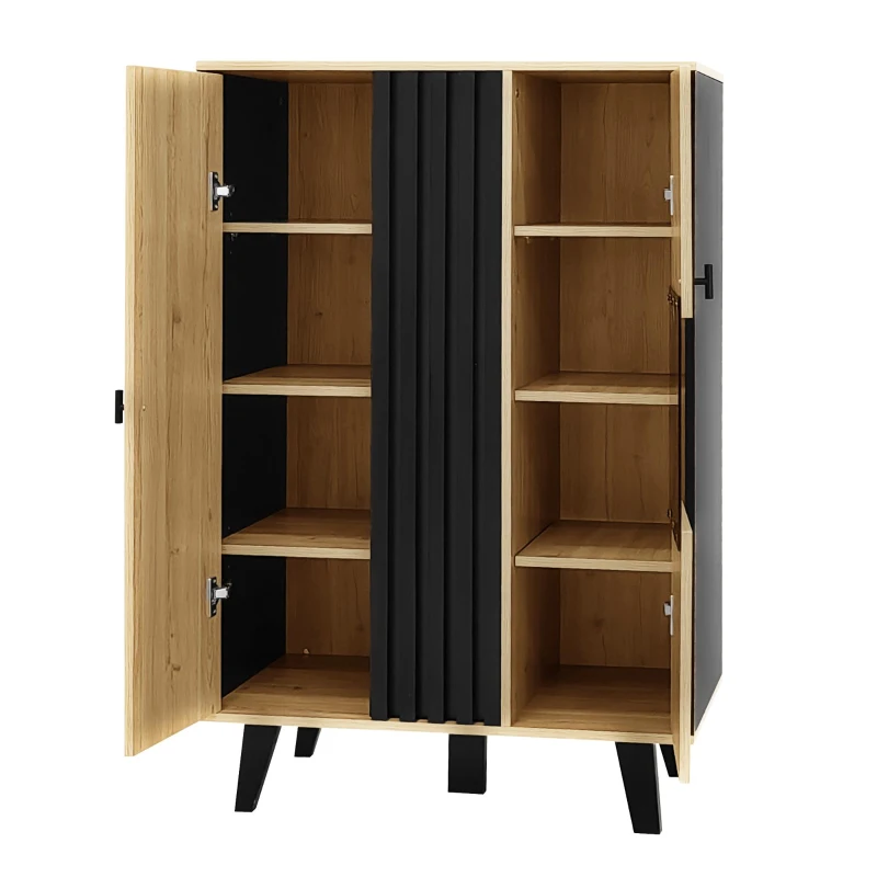 Display Cabinet with LED Lighting and Decorative Glass Doors, Versatile Sideboard with 3 Adjustable Shelves, 80L x 120W x 40H cm, Black+Wood