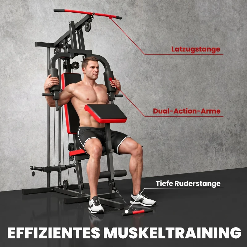 SPORTNOW Stacja siłowa Fitnessstation z wyciągiem górnym, drążkiem butterfly, regulowaną ławką Preacher, trenażerem nóg, do 120 kg Czarny+Czerwony