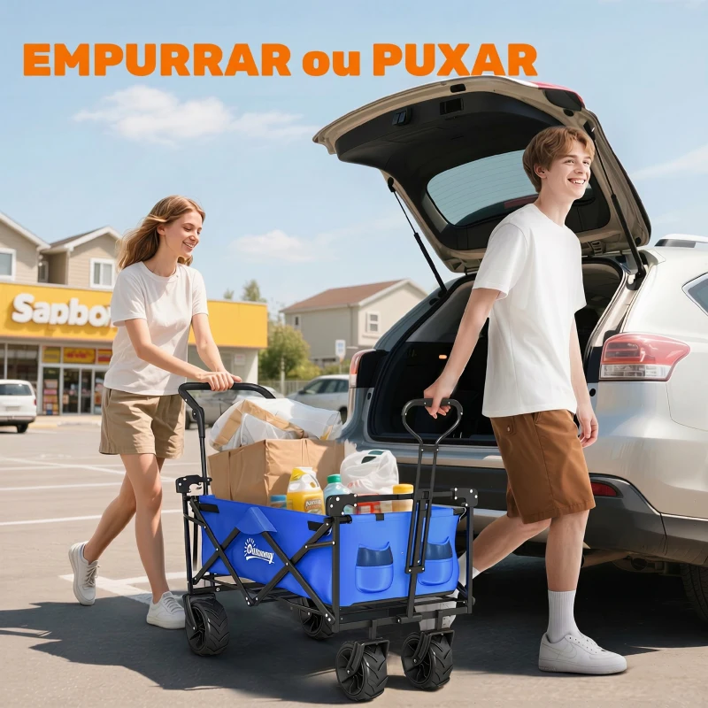 Outsunny Carrinho de Transporte Dobrável para Praia Campismo Viajem com Toldo Guiador Rodas Altura Ajustável 117x55x98 cm Azul