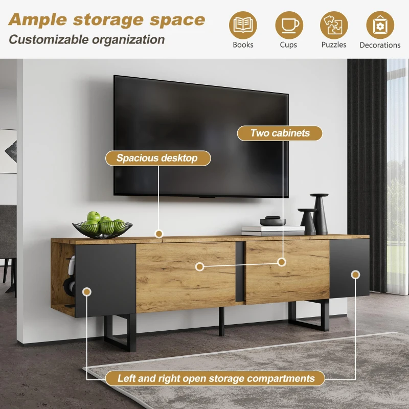 Natural-Wood TV Cabinet with Open Shelves and Soft-Close Doors, Stylish TV Stand with Durable Chipboard Construction, 180L x 40W x 55H cm, Natural