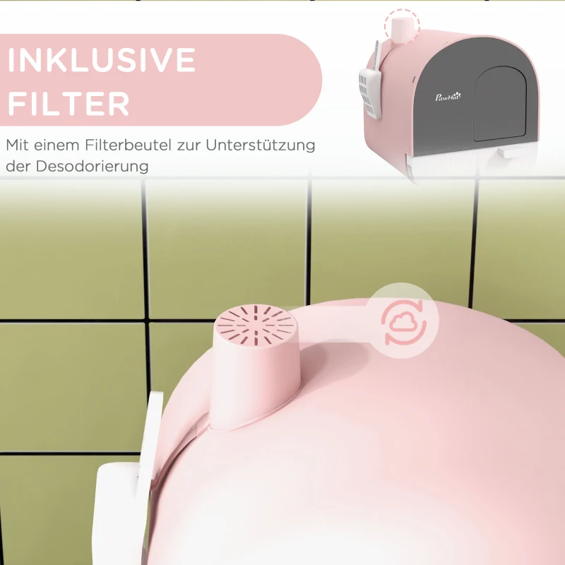 PawHut Katzentoilette mit Deckel, Streuschaufel, Schmutzfangmatte, Kunststoff, Rosa/Schwarz(m-6)