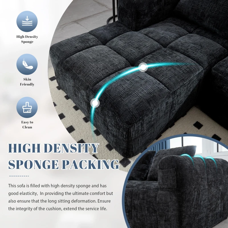 Oversized Modular L-Shaped Sofa with Deep-Seated Sleeper Design, Plush Sectional Sofa with Hidden Side Pockets, 250L x 158W x 60H cm, Black