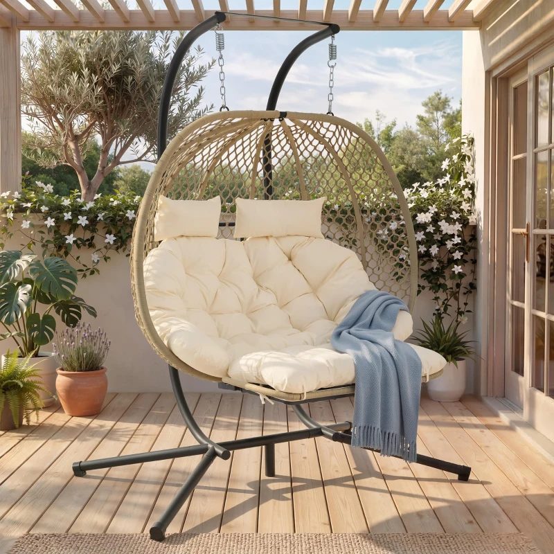 Cadeira suspensa em forma de ovo com suporte, cadeira de baloiço com apoio de pés regulável, cadeira suspensa de jardim com almofada de assento & almofado, 140x94x197 cm, Bege