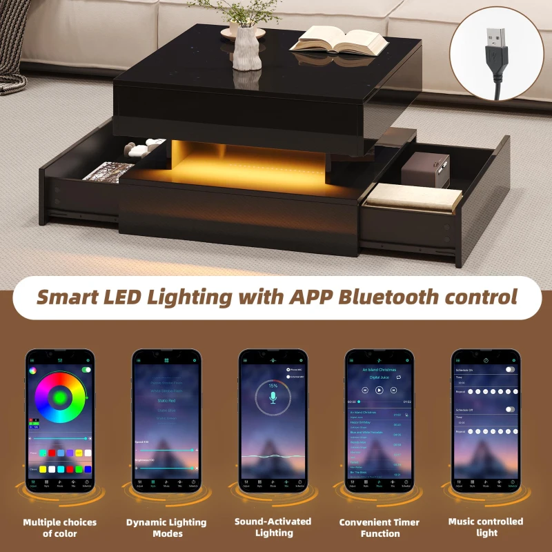 Lift-Up Coffee Table with App-Controlled LED Light Strip and Hidden Storage, Stylish Center Table with 2 Drawers, 65L x 65W x 38.5H cm, Black