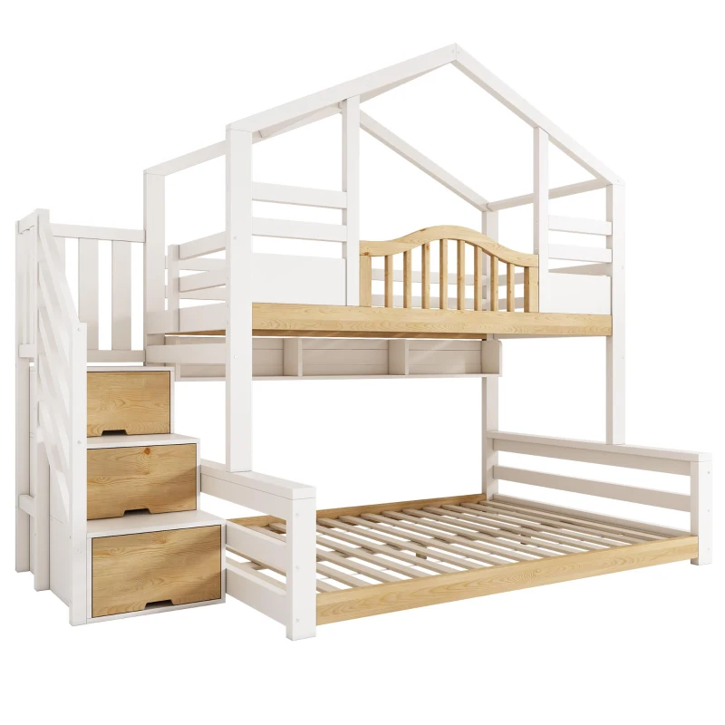 House-Shaped Bunk Bed with Staircase Storage, Space-Saving Kids Bed with Integrated Shelves, 244L x 140W x 206H cm, White+Natural