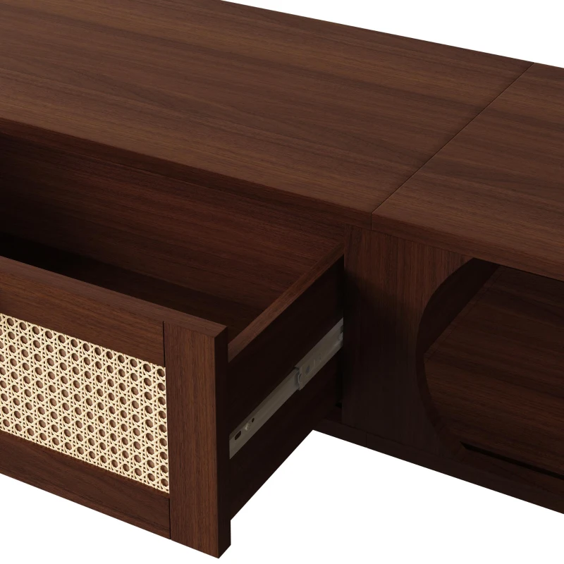 Walnut TV Cabinet with Solid Wood Doors and Handwoven Rattan Drawers, Sliding-Door TV Stand with Solid Wood Legs, 170L x 39.5W x 38H cm, Walnut