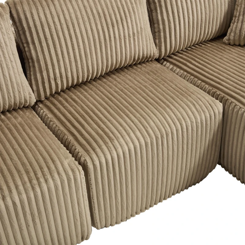 Modular L-Shaped Sectional Sofa with Deep Seat, Plush Corduroy Boneless Couch for Living Room, 257L x 160W x 80H cm, Khaki
