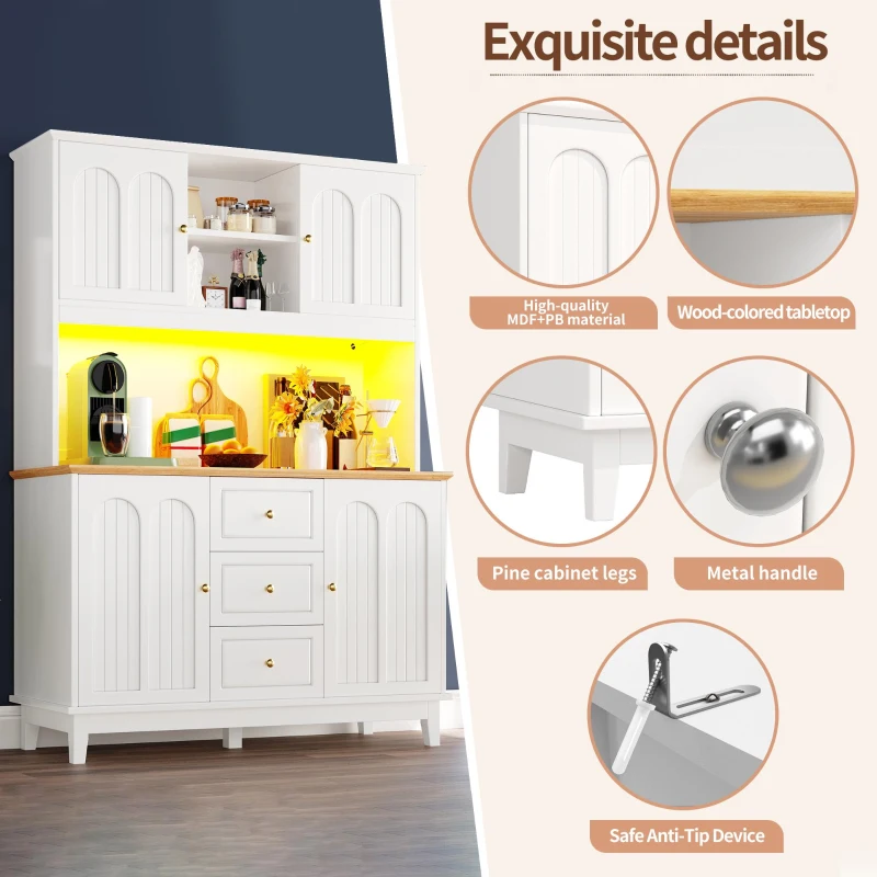 Smart Pantry Cabinet with App-Controlled LED Lights and Solid Pine Legs, Modern Kitchen Pantry with Spacious 3-Drawer Storage, 120L x 40W x 180H cm, White